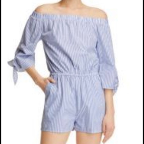 AQUA Striped Off The Shoulder Cotton Toe Sleeve Romper Small - Picture 1 of 6